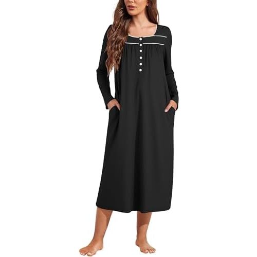 Ekouaer Womens Long Sleeve Nightgowns Long Sleep Shirts Henley Night Shirts Full Length Nightgown