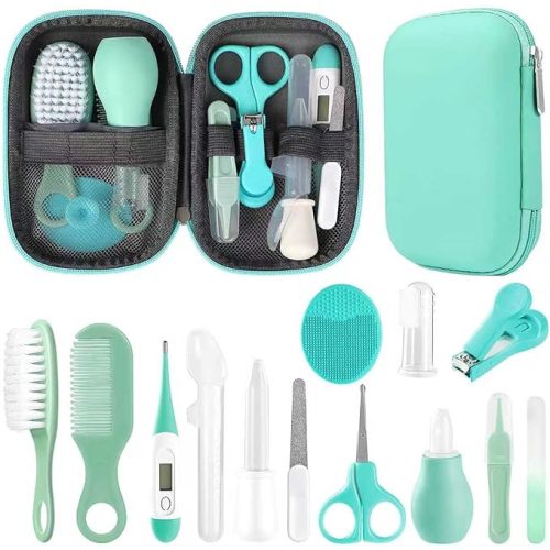 Baby Grooming Kit, Infant Safety Care Set with Hair Brush Comb Nail Clipper Nasal Aspirator,Baby Essentials Kit for Newborn Girls Boys (Green)