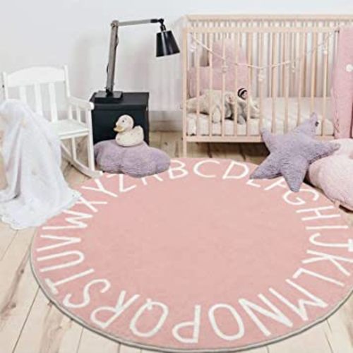 HEBE Cute Pink ABC Kids Play Mat Baby Nursery Rug Round Educational Alphabet Soft Circle Area Rug Non Slip for Children Toddlers Princess Bedroom