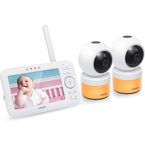 VTech VM5463-2 Baby Monitor 5" Screen with 2 Cameras, Pan-Tilt- Zoom, Night Light, Glow On The Ceiling Projector, Two-Way Talk, Secure Transmission No WiFi