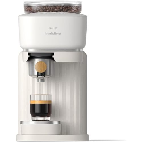 Philips Baristina Espresso Machine, Grind, Tamp & Brew Coffee Beans in One Swipe, Compact, 16 Bar Pump Pressure, Automatic Grinder, Natural White with Ash Wood Portafilter (BAR302/20)