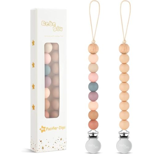 2 Pack Pacifier Clips, Silicone Pacifier Clip for Baby Boys and Girls, Baby Pacifier Strap with Silicone Beads, Soother Dummy Holder, Pacifier Holder, Keeps Pacifier Clean (Blossom/Apricot)