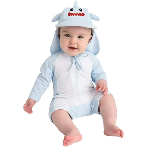 Cuddle Club One-Piece Baby Swimsuit UPF 50+ Infant Sunscreen Baby Beach Gear, Rashguard Shark 0-3 Mos