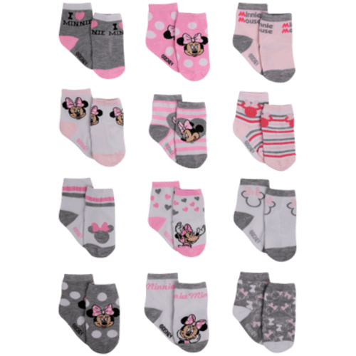 Disney Bulk Pack 12, Newborn to Toddler Baby Girls Fun Socks: Minnie Mouse, Daisy, Princesses