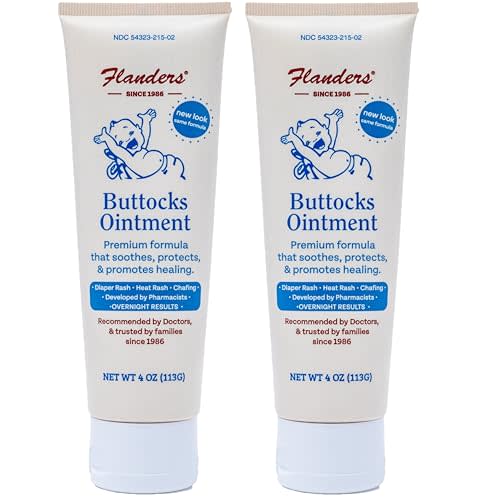 Flanders Buttocks Ointment - Diaper Rash Cream for Treatment & Prevention, Pharmacist Developed, Heat Rash & Chafing in Infants to Adults, Instant Relief (2 Pack of 4oz Tubes)
