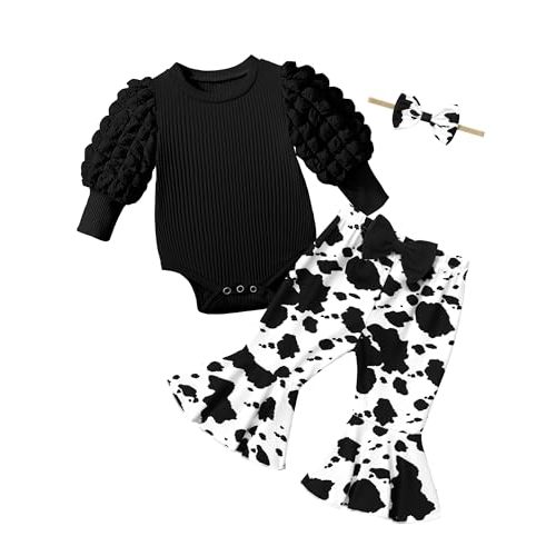 NAPU Baby Girl Clothes Long Sleeve Romper 3Pcs Baby Girl Outfits Flare Pants Set with Headband Fall Baby Girl Winter Clothes