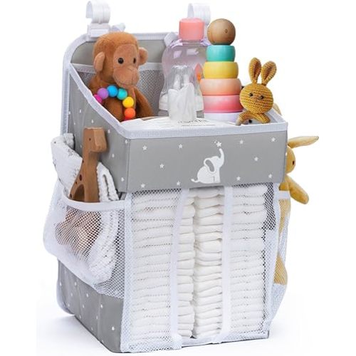 Hanging Diaper Caddy - Organizer for Baby Girl and Boy - Nursery Baby Essentials for Newborn - Gray with White Elephant - 17x9x9 inches