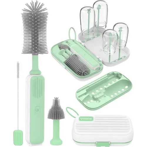 Electric Baby Bottle Brush Cleaner - Baby Bottle Brush Travel Essential, Safe BPA-Free Silicone, One Button 360° Efficient Cleaning, Long-Lasting 2000 mAh Battery, Storage Box for Travel Outdoor