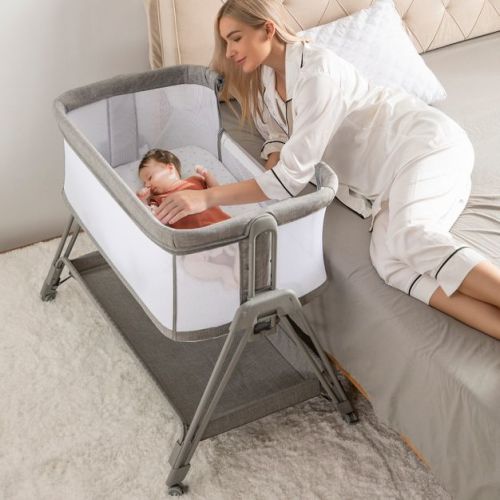 Fodoss Baby Bassinet Bedside Sleeper with Wheels & Storage Tray, Portable Crib for Newborns (GREY)