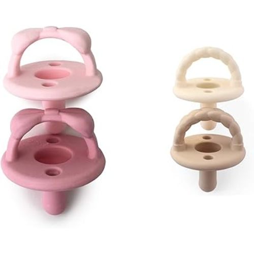 Itzy Ritzy Silicone Pacifiers for Newborn 2-Packs with Collapsible Handles, Air Holes - Sets of 2 in Light & Dark Pink and Buttercream & Toast