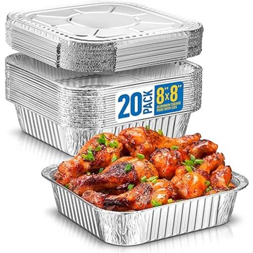 8x8 Disposable Aluminum Pans With Lids - 20 Pack Foil Pans For Cooking, Baking Cakes, Roasting & Homemade Breads - Disposable Food Containers With Foil Lids