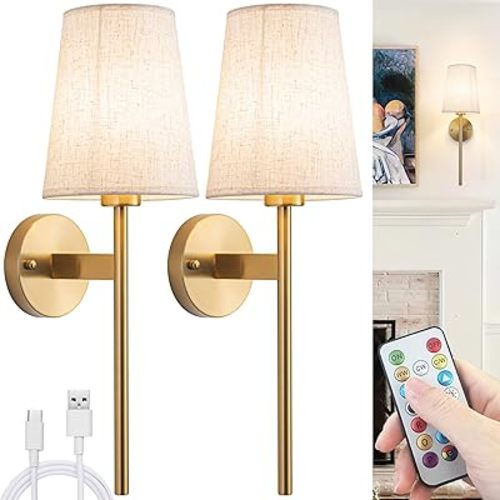 Battery Operated Wall Sconces Set of 2, Wireless Wall Sconce with Remote, Battery Operated Wall Lights Fabric Shade, 50 Hours Long Life Rechargeable Blub RGB Dimmable,Perfect Indoor Lighting