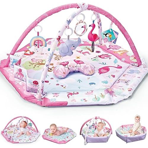 43.3x43.3Inch 7-in-1 Large Baby Play Mat Tummy Time Mat Foldable, 5 Tummy TimeToys, 18 Ocean Toys, and 1 Tummy Time Pillow, Baby Activity Mat Easy to Install & Clean, Baby Essentials Gift