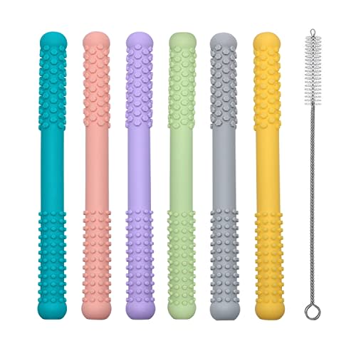 Hollow Teething Tubes Toys for Babies Girls Boys, 5 Pack Silicone Baby Teether Toy Tube for Infants with Nursing Biting Chewing, Chew Straws for Toddlers 6-12 Months (Style B)