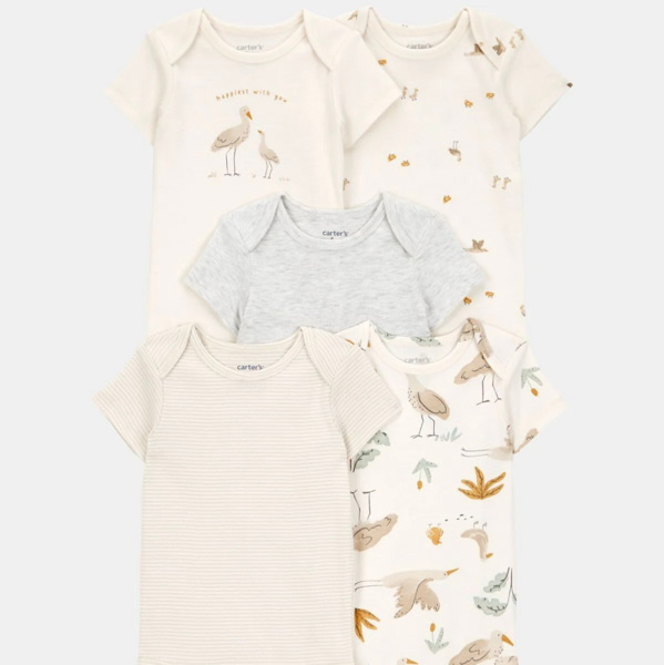 Baby 5-Pack Striped Birds Short-Sleeve Cotton Bodysuits - Ivory | Carter's