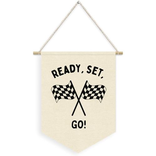 Race Car Room Decor for Boys Linen Pennant Banner - Ready Set Go Racing Pennant Flag Banner Wall Hanging Decor for Car Room Decor for Boys Playroom Nursery