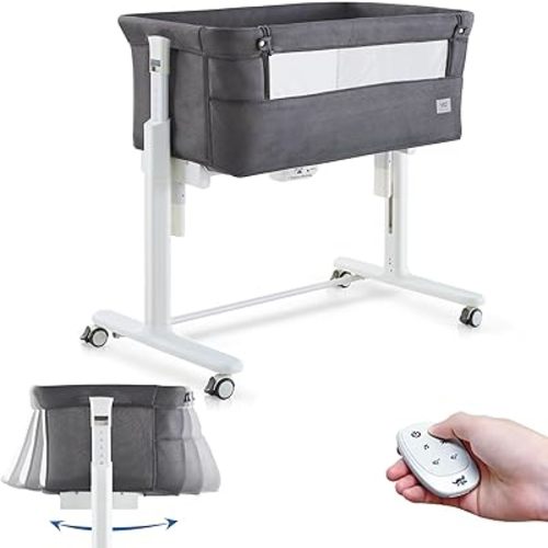 Rocking Bassinet for Baby Automatic Bedside Crib Electric Cradle 5 Heights Adjustable Bedside Sleeper for Babies Infant Smart Auto Rocking Crib 3 in 1 Bassinet on Wheels, Dark Grey