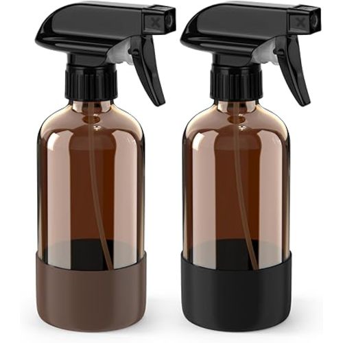 Glass Spray Bottle with Silicone Sleeve Protection, Amber Glass Spray Bottle Set for Window Cleaner Aromatherapy Facial Hydration Watering Flowers Hair Care 2 Pack/8 oz (Black & Brown)