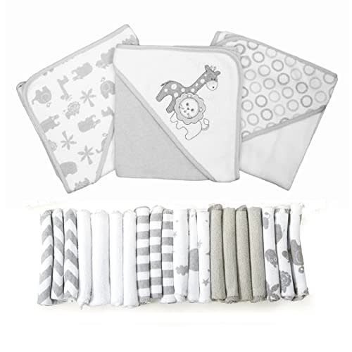 Spasilk Bath Hooded Towels & Baby Washcloths Set, Baby Bath Essentials for Everyday Use, 23-Piece Gift Set, Gray Lion