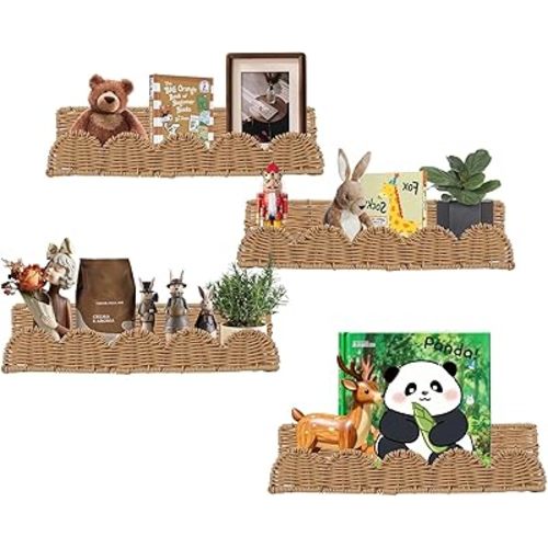 4 Pcs Rattan Scalloped Floating Bookshelves Nursery Book Shelves Mounted Decor Nursery Rooms Hanging Wicker Boho Book Shelf for Wall (Classic,15.8 Inch)