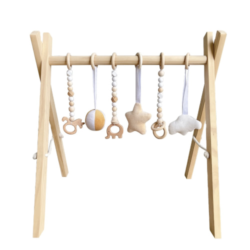 Chirren Wooden Baby Gym Toy, Baby Play Mat with Hanging Toys, Natural Pinewood Foldable Baby Gym, Wooden Beads for Toddlers, Activity Gym for Boys and Girls