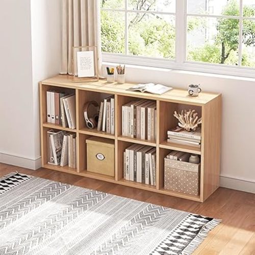 8 Cube Organizer Bookcase - Fabric Storage Bins Container, Open Shelf Simple Compartments Bookshelf, Oak