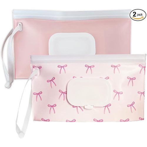 Baby wipes dispenser,portable baby wipes holder for outdoor, Refillable baby wipes container, on the go wet wipe pouch for travel, resuable wipes dispenser for hiking (Pale Pink)
