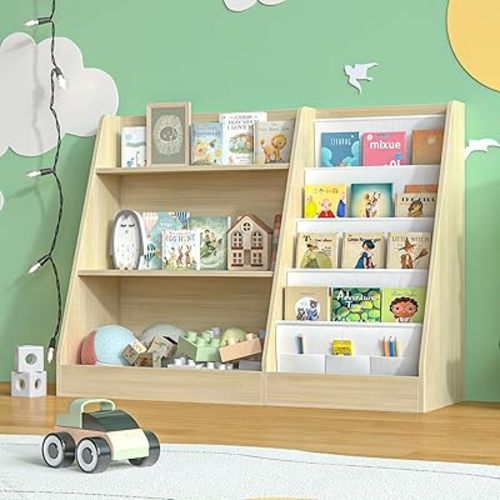 Kids Bookshelf and Toy Storage, 3 Tier Wooden Kids Bookcase with Storage, Floor-to-Ceiling Baby Book Organizer with Sling, Children Book Rack for Playroom, Classroom, Nursery, Natural