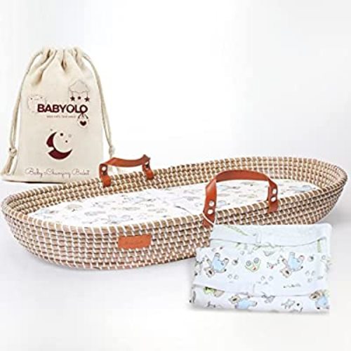 BABYOLO - Handmade Changing Basket for Baby - Natural Moses Basket for Babies with Basket Changing Pad, 3 Waterproof Covers, Safety Buckles & Leather Handles - with Gift