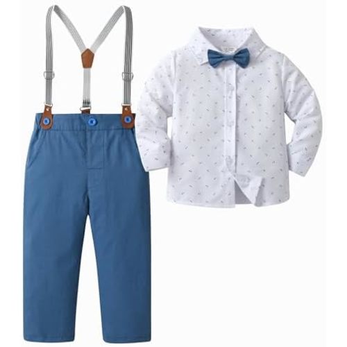 Baby Boys Pants Sets, Infant Long Sleeve Shirt + Pants + Bow Tie + Suspenders,Toddler Gentleman Outfits