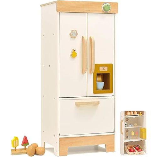 PairPear Wooden Toy Fridge for Kids Kitchen, Toddler Pretend Play Refrigerator with Real Ice‑Drop, Magnetic Stickers, Kids Toy Food Play Kitchen Accessory Gift for Boys & Girls Age 3+