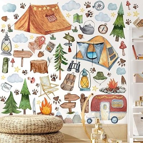 2 Sheet 64 Pcs Camping Wall Decals Stickers Adventure Theme Room Stickers Tent Camper Outdoor Wall Decals RV Bonfire Camping Decor for Classroom Kids Nursery Bedroom Home Decorations