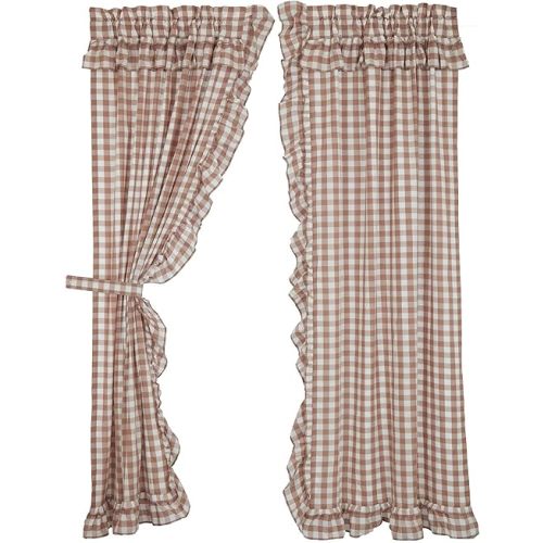 VHC Brands Annie Buffalo Portabella Check Farmhouse Ruffled Panel Curtain Set 84x40