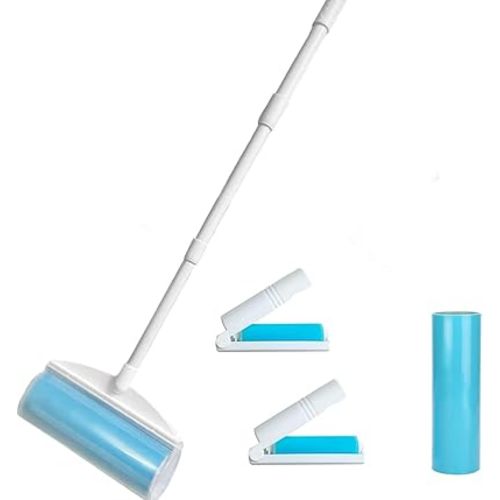 Washable Reusable Lint Roller, Large Lint Roller 8 inches Cat Dog Pet Hair Remover with 3-Foot Extendable Handle, Gel Sticky Picker Set Cleaner for Carpet, Floor, Sofa