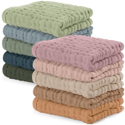 Comfy Cubs Muslin Baby Washcloths 10 Pack - Soft 6-Layer Cotton Wash Cloths for Sensitive Skin - 10"x10" Large, Gentle, Absorbent Infant Essentials for Newborn and Toddlers - Multicolor
