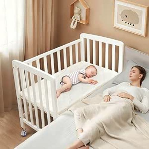 Baby Bassinets Bedside Sleeper - Portable Pine Wood Bedside Bassinet,6 Heights Small Mini Crib with Mattress,Space-Saving Design Baby Crib for Newborns 0-12 Months,White | Pine Wood Bassinet, Mattress Included, 3-IN-1 Convertible, Adjustable Height, Locki
