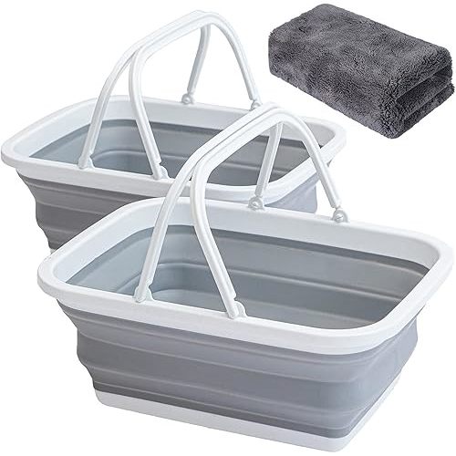 AUTODECO 2 Pack Collapsible Sink with Handle Towel, 2.37 Gal / 9L Foldable Wash Basin for Washing Dishes, Camping, Hiking and Home Gray