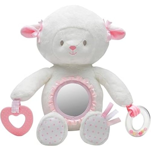 Plush 12.5 inch Lamb Interactive Toy with Baby Mirror, Teether, Rattle, White (9 inch Seated)