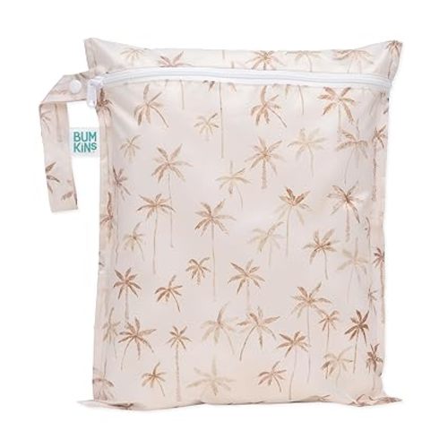 Bumkins Waterproof Wet Bag for Baby, Travel, Swim Suit, Cloth Diapers, Pump Parts, Pool, Gym Clothes, Toiletry, Strap to Stroller, Daycare, Zipper Reusable Bag, Wetdry Packing Pouch, Palm Trees