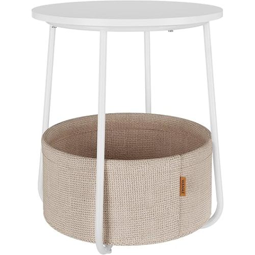 VASAGLE Small Round Side End Table, Modern Nightstand with Fabric Basket, Matte White and Camel Brown ULET223W10