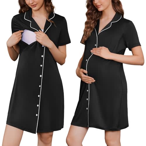 Ekouaer Button Down Nursing Nightgown V Neck Breastfeeding Dress Short Sleeve Classic Maternity Pajamas