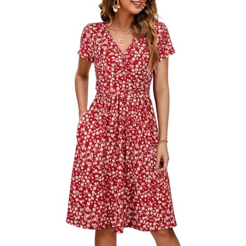 OUGES Women's 2025 Fashion V Neck Midi Dress with Pockets Maternity Clothes Nursing Dresses
