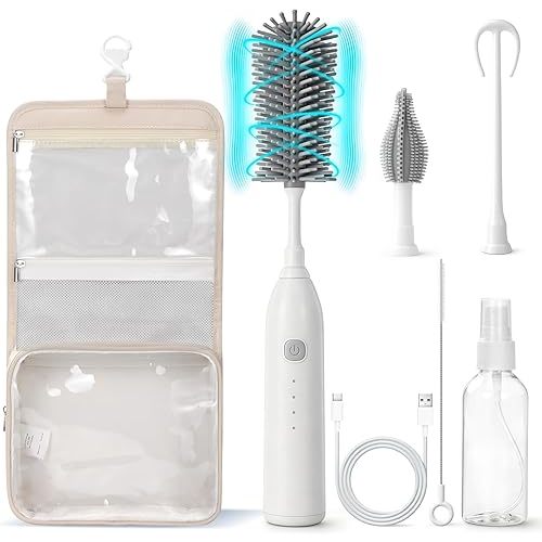 Electric Baby Bottle Brush Cleaner, 7-in-1 Portable Cleaning Set with Soap Dispenser & Travel Bag, 150-Min Runtime, Silicone Brush for Nipple/Straw/Formula Mixing, IPX6 Waterproof
