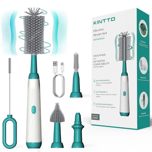 KINTTO Electric Bottle Brush Cleaner with Rechargeable, Cleaning for Baby/Water/Wine/Thermos Bottles, Waterproof 2 Nipple and Straw Silicone Brush 1500mAh