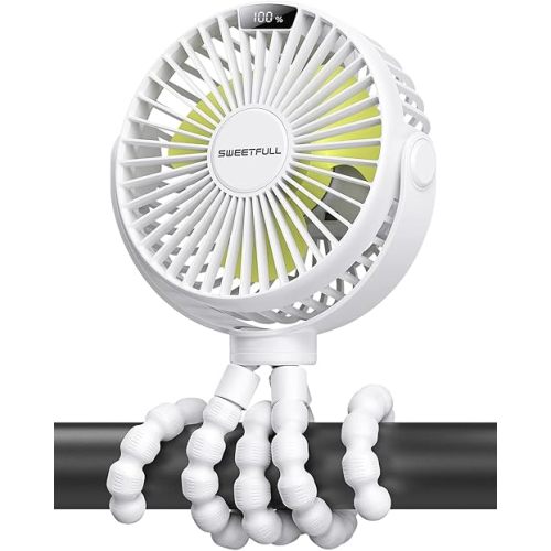SWEETFULL Portable Stroller Fan, with Display 4000mAh Battery Powered Mini Clip On 4-Speed Rechargeable Small Personal Handheld Desk Cooling Fan for Baby Car Seat Crib Travel White