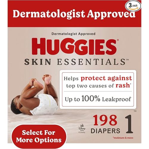 Huggies Size 1 Diapers, Skin Essentials Baby Diapers, Size 1 (8-14 lbs), 198 Count (3 Packs of 66)