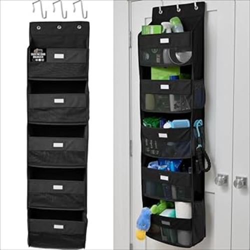 GORILLA GRIP Over The Door Organizer Storage, 5 Deep Hanging Shelves, Holds 50lbs, Closet Organizers Shelf for Bedroom, Bathroom, Nursery, Dorm Essentials, 3 Metal Hooks, 58x15 Inches, Black
