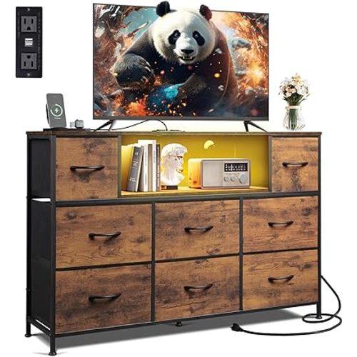 WLIVE Dresser for Bedroom, TV Stand for Bedroom for 50, 55 inch TV with Charging Station and LED Lights, Fabric Chest of Drawers with Open Shelves, 8 Drawer Dressers for Living Room, Closet