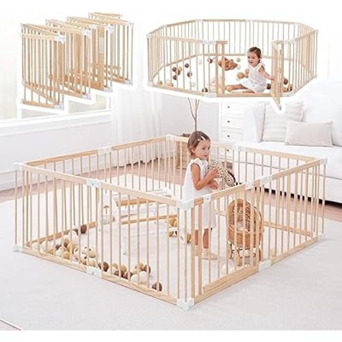 Wooden Playpen & Play Yards for Babies and Toddlers, 67 * 67inch Foldable Wood Baby Play Fence with Locking Gate, Kids Activity Area Center Indoor Outdoor, Pinewood