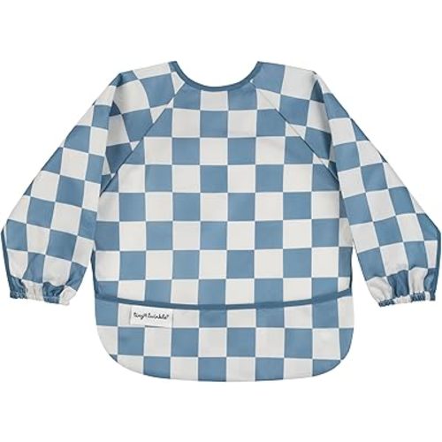 Tiny Twinkle Mess Proof Baby Bib|Waterproof Smock Bib for Eating,Machine Washable Full Sleeve with Pocket(Checkers Blue, Small 6-24 Months)
